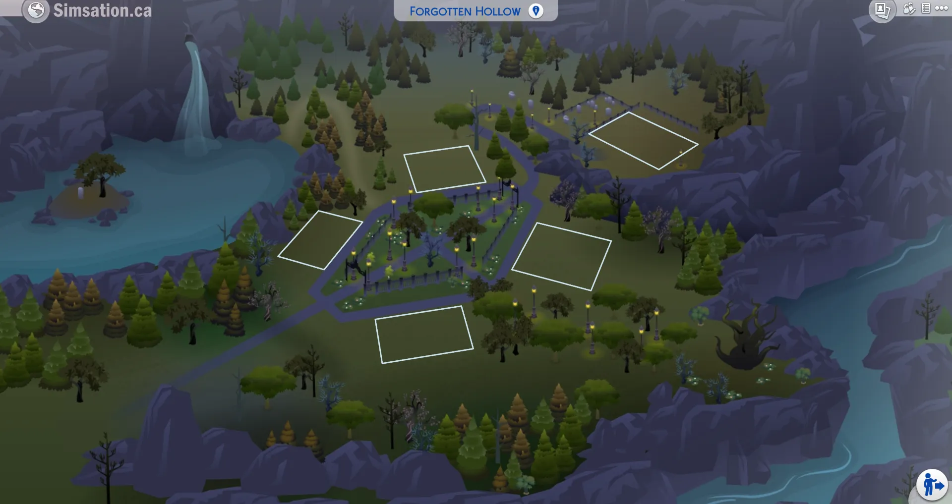 Unlabelled map of Forgotten Hollow showing bulldozed lots